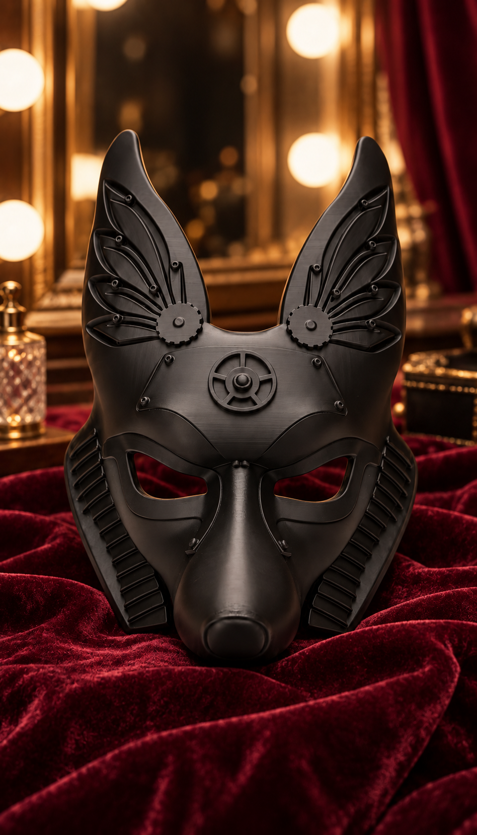 Black Anubis Mask displayed in a theatrical dressing room with vanity lights