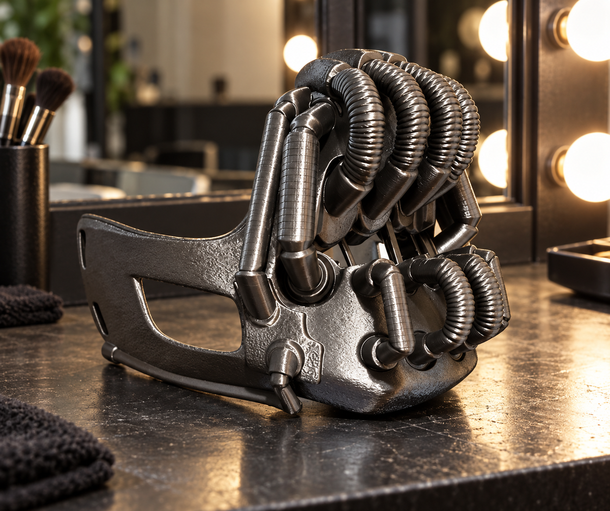 Gunmetal Bane Mask displayed in a theatrical dressing room