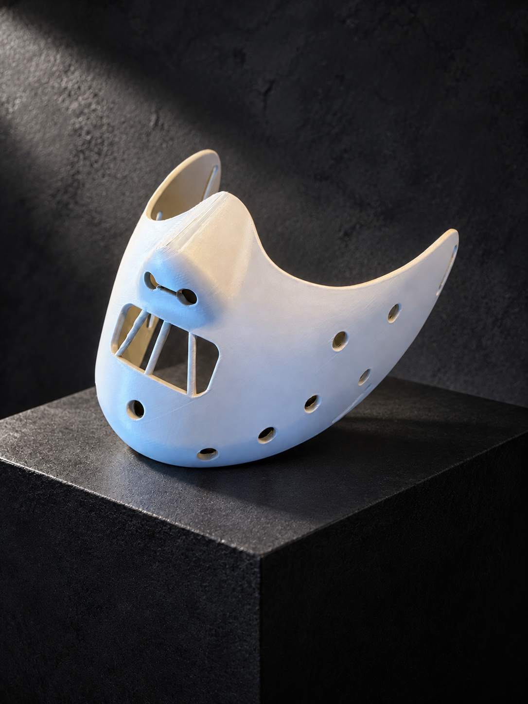 White Hannibal Lecter-style mask in a gallery display