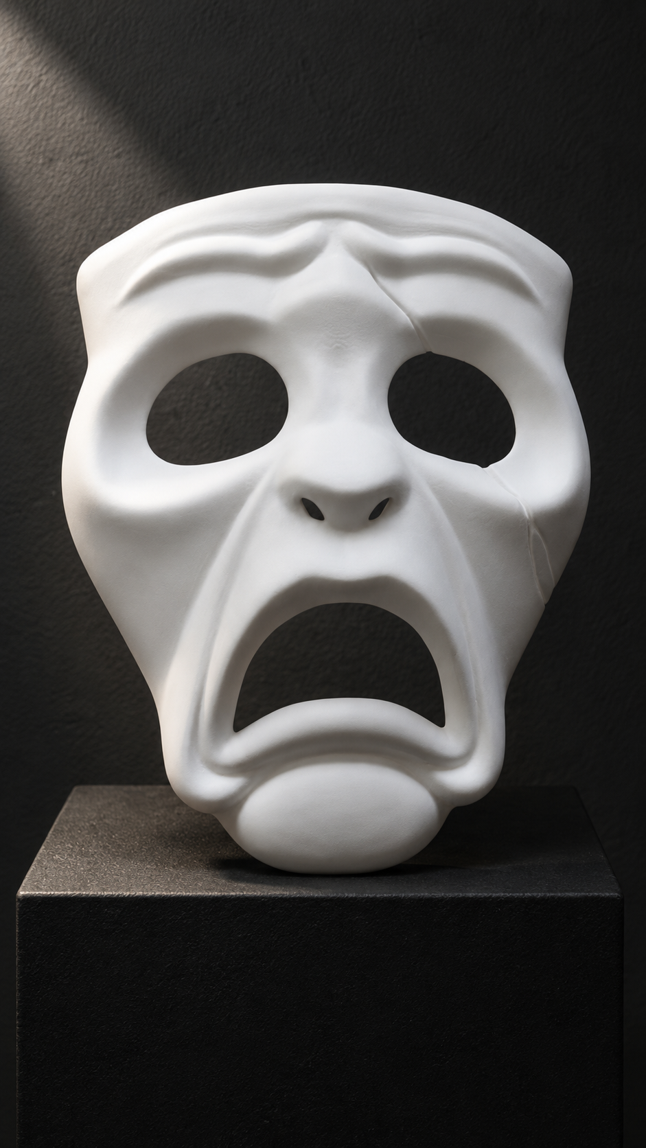 White Tragedy Theatre Mask displayed on a gallery plinth