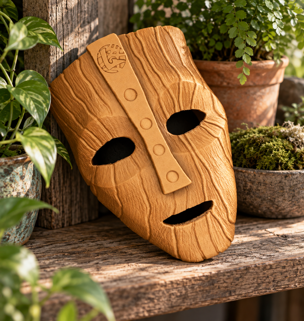 The Mask - Mask displayed on a rustic shelf surrounded by green plants