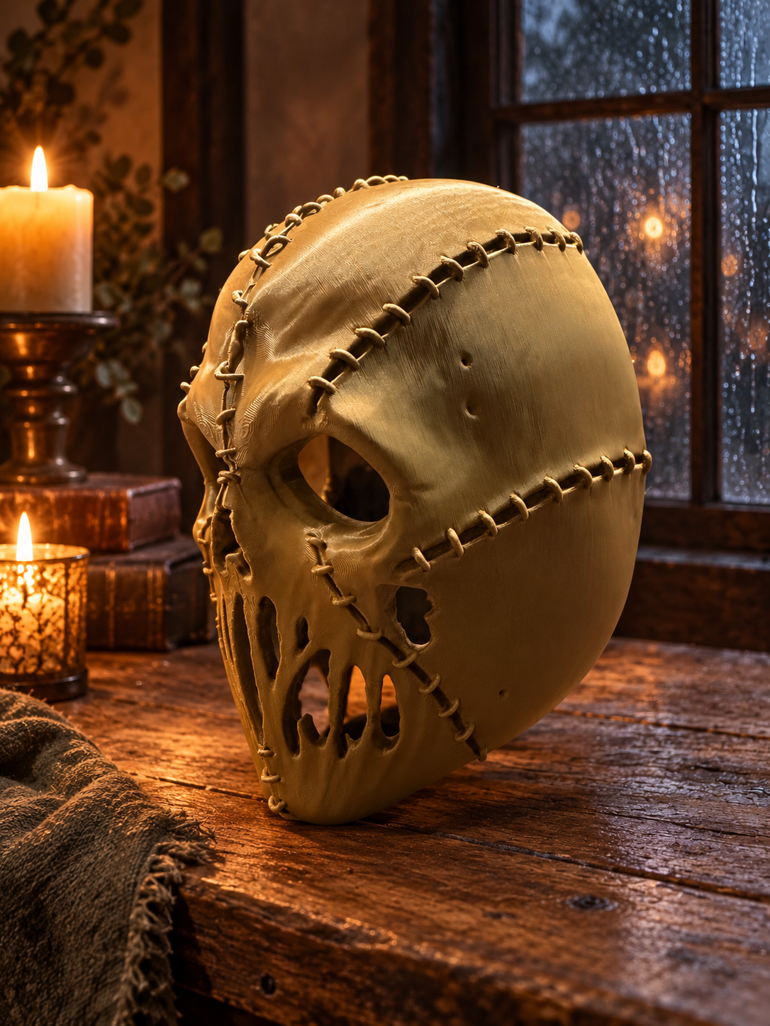 Stitched Skull Mask displayed beside a rainy window with candlelight