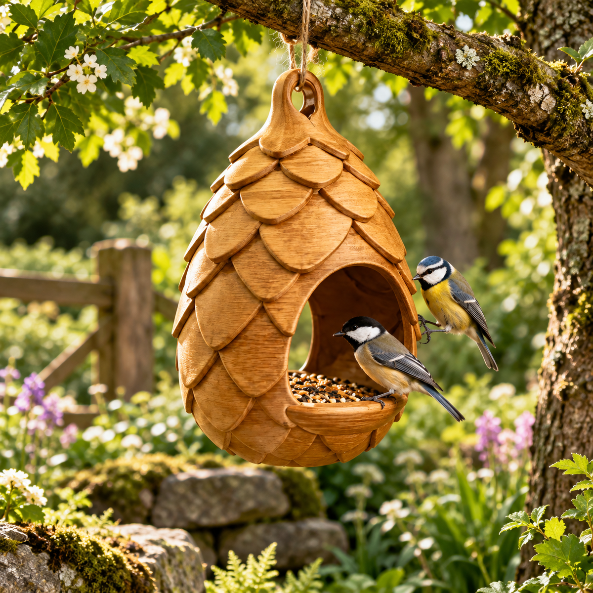 Brown pinecone-shaped hanging bird feeder with layered scales and open seed perch