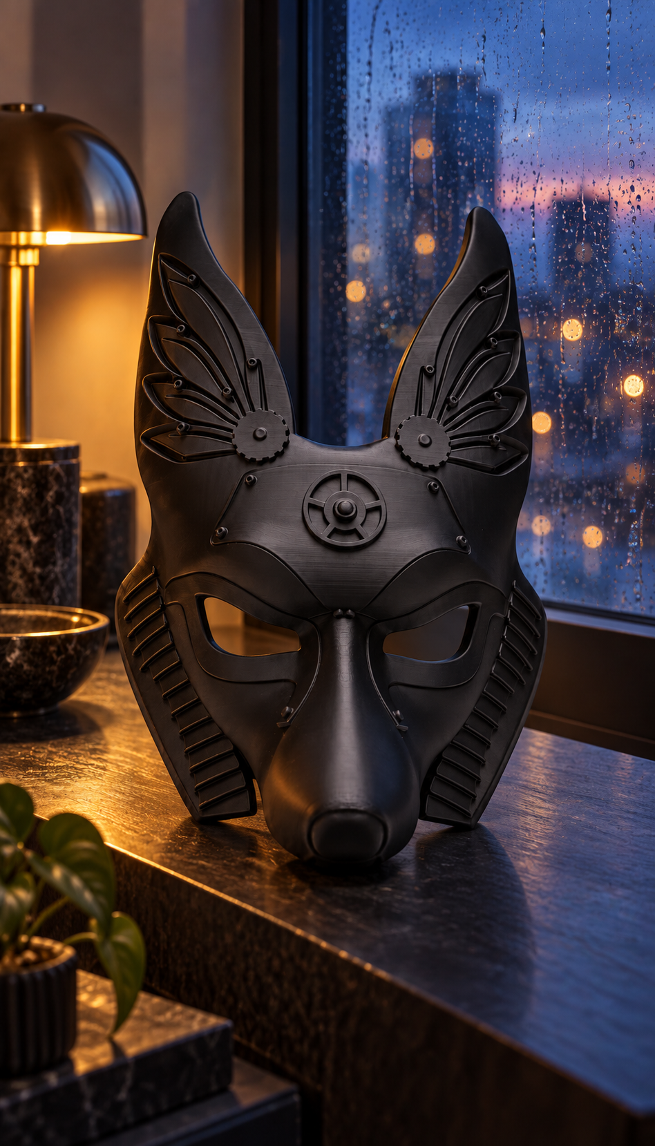 Black Anubis Mask displayed beside a rainy window with evening light