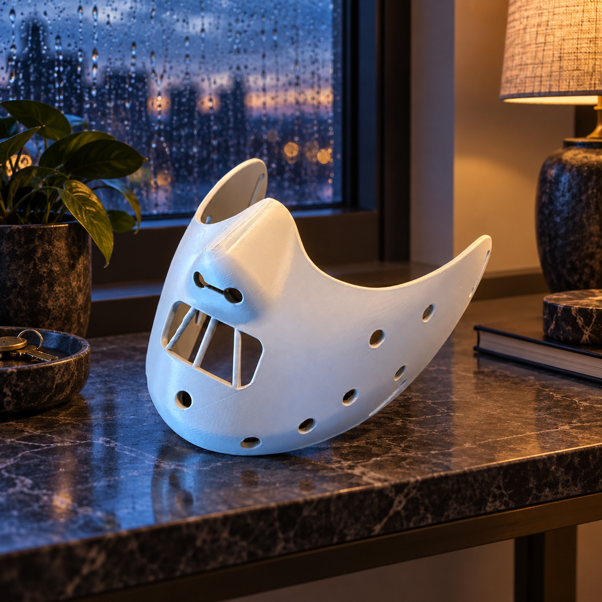 White Hannibal Lecter-style mask beside a rainy window
