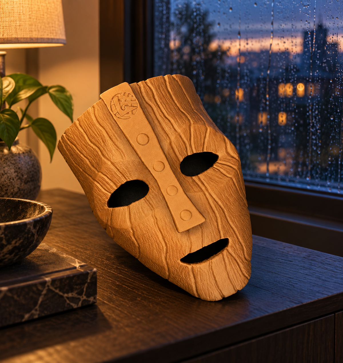 The Mask - Mask displayed beside a rainy window in a cosy evening interior