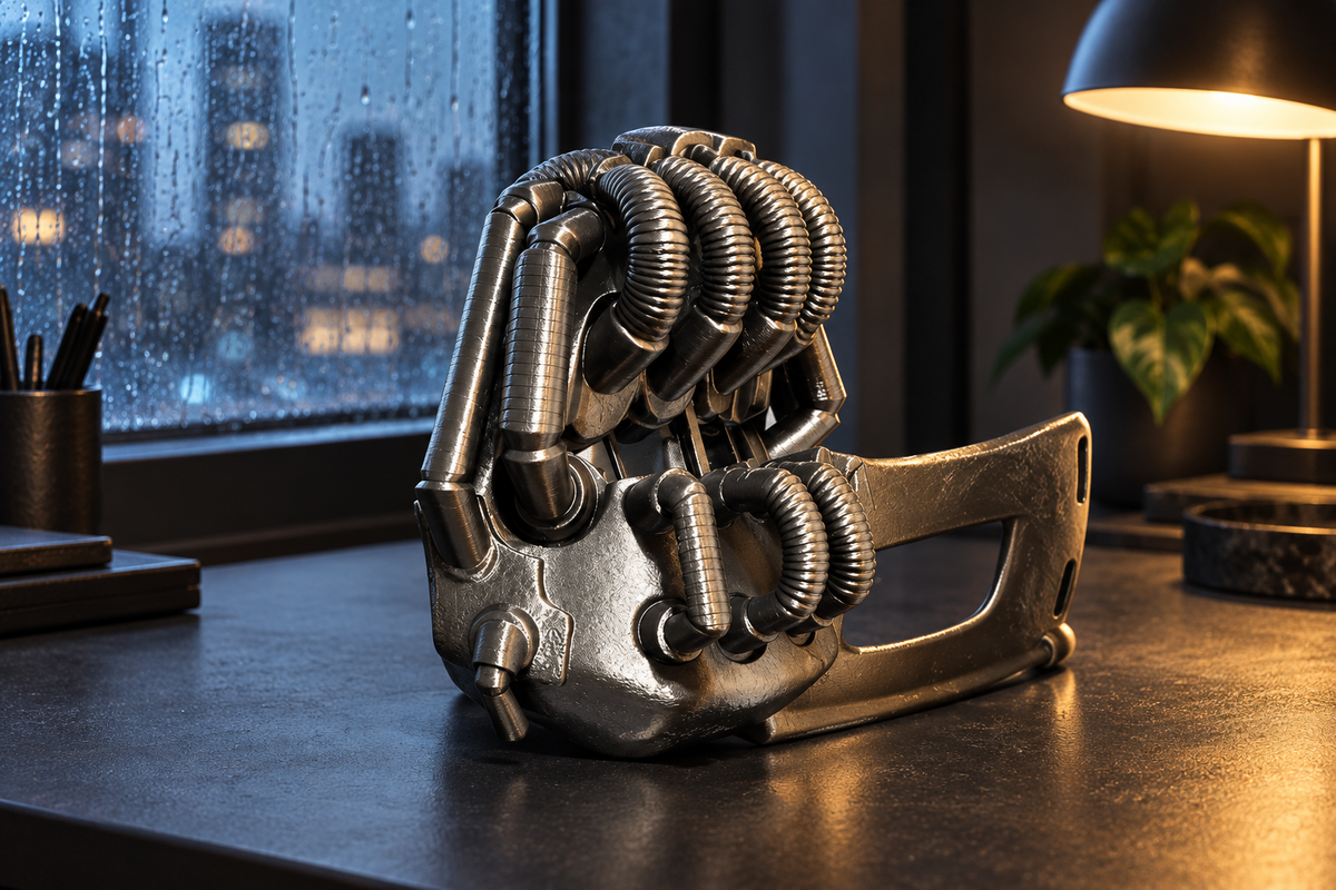 Gunmetal Bane Mask displayed beside a rainy window