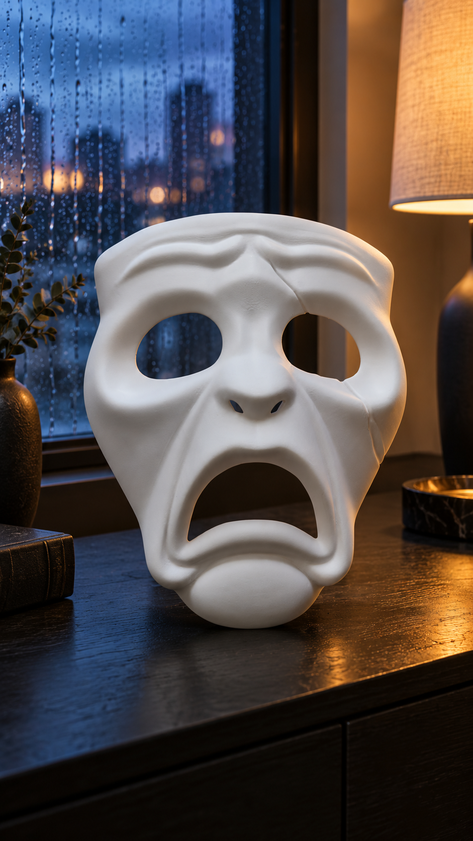 White Tragedy Theatre Mask displayed beside a rainy window