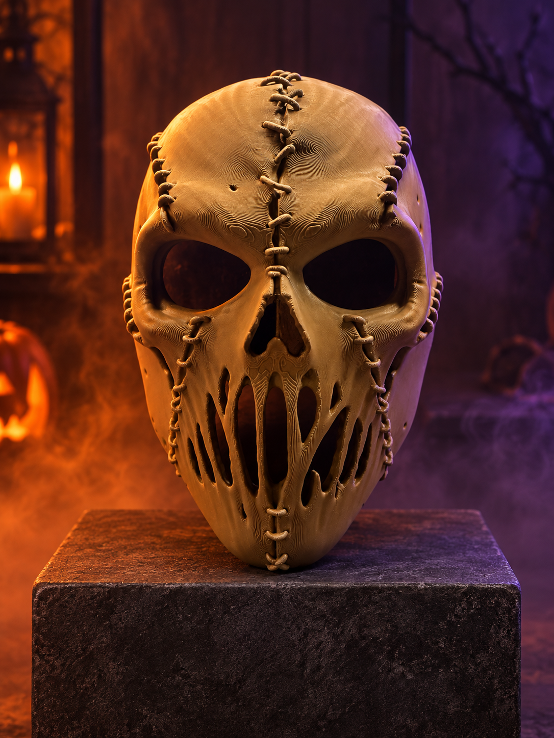 Stitched Skull Mask displayed on a studio plinth against a dark background