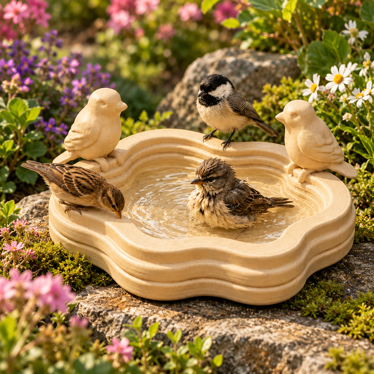 Sandstone-coloured shallow sculpted bird bath with two decorative birds on its rim in a garden
