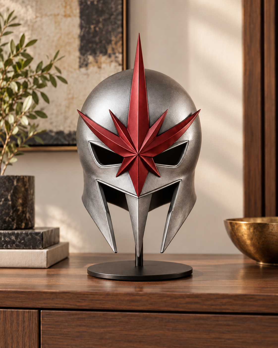 Brushed steel Nova Corps-inspired helmet with red star emblem on display.
