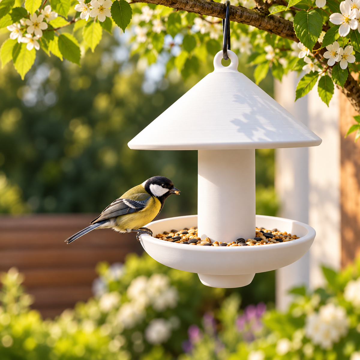 White hanging bird feeder with a broad conical roof, central support and round seed tray