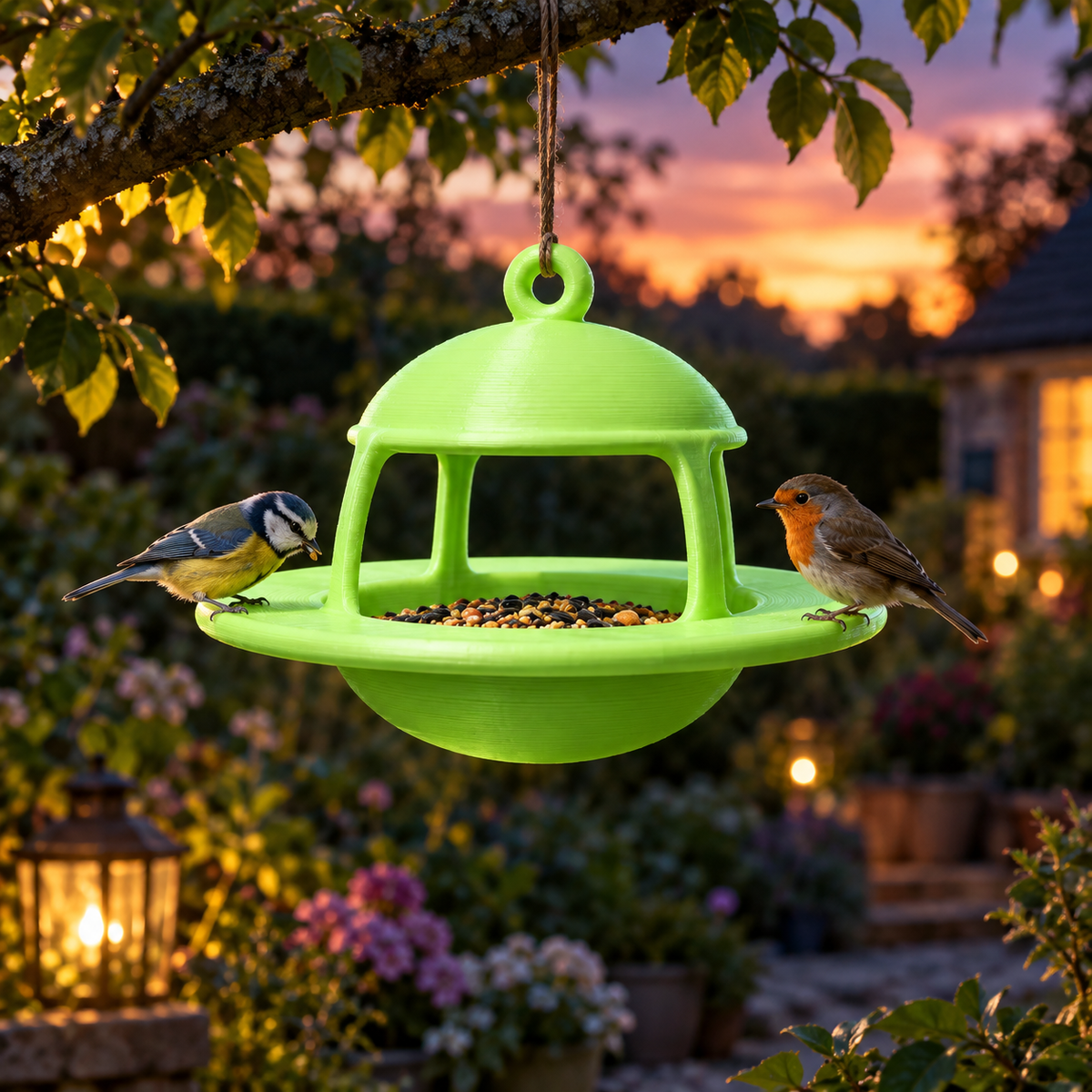 Bright green UFO-shaped hanging bird feeder with domed canopy, circular landing ring and seed bowl