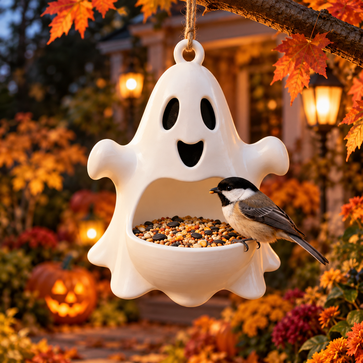 White smiling ghost-shaped hanging bird feeder with open seed bowl in autumn garden