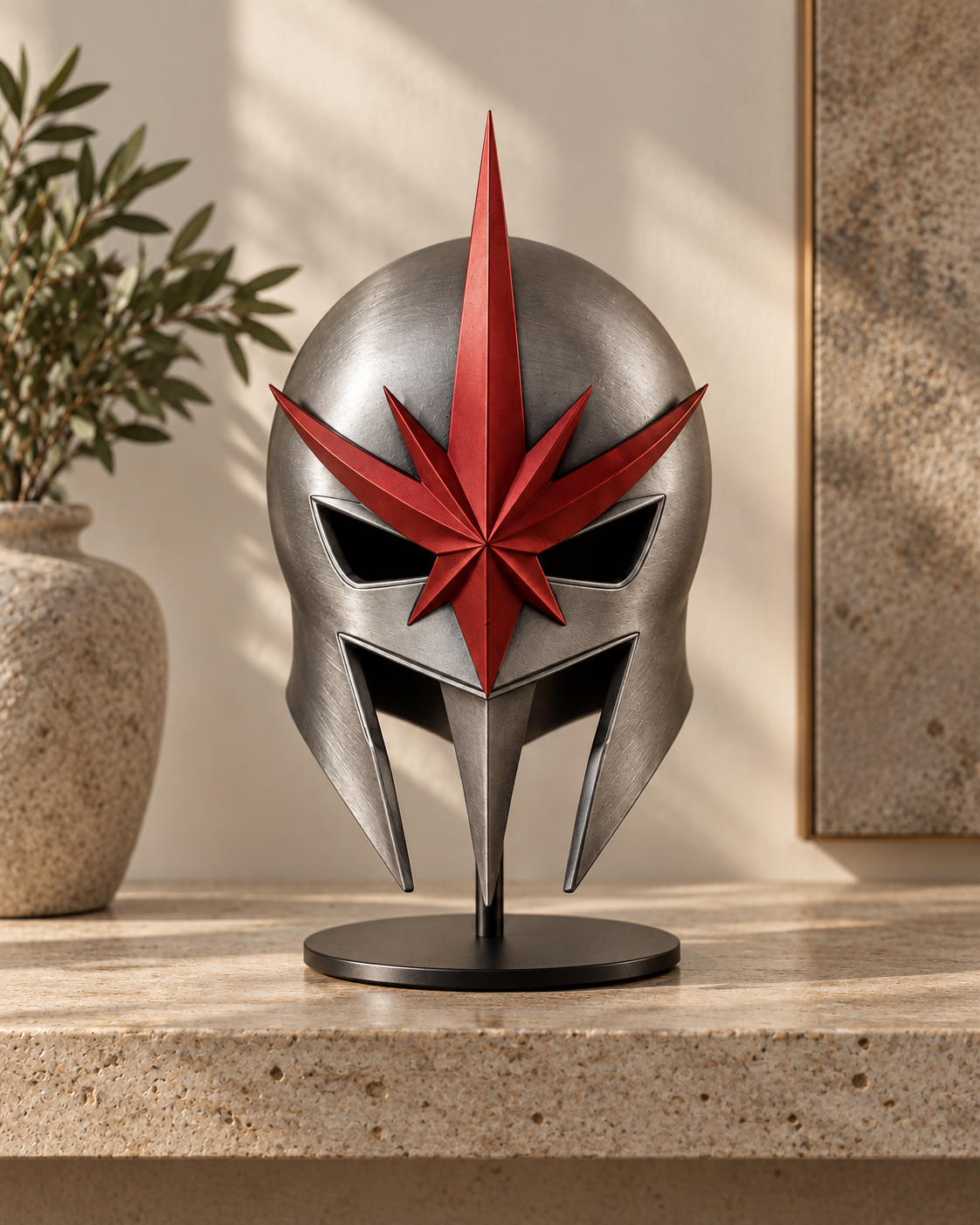 Silver Nova Corps-inspired helmet with red star emblem on display.