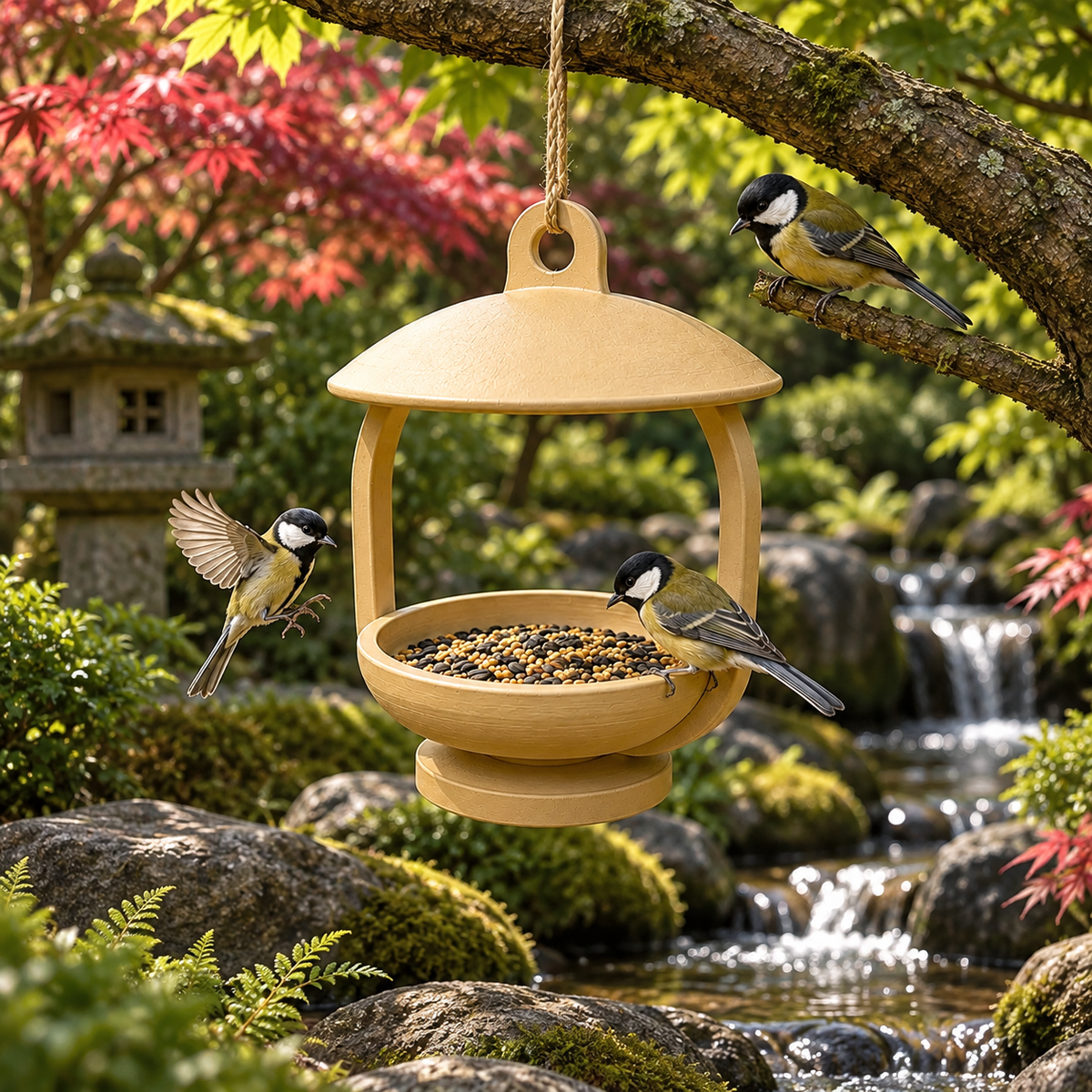 Pale hanging bird feeder with shallow domed roof, curved supports and round seed bowl