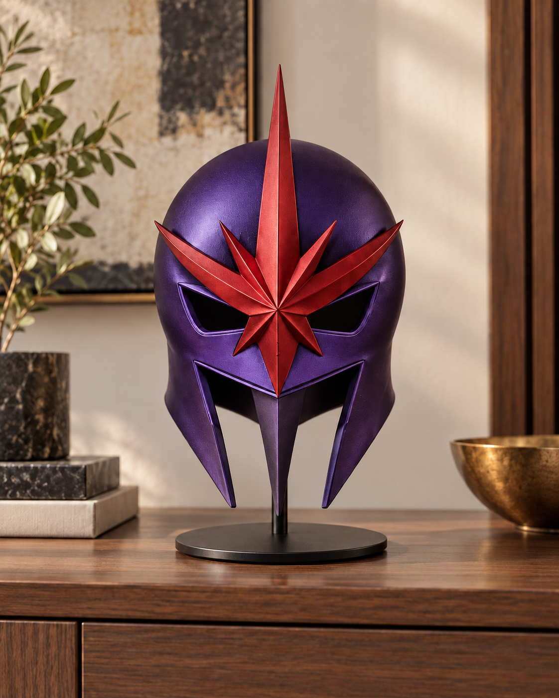 Purple Nova Corps-inspired helmet with red star emblem on display.