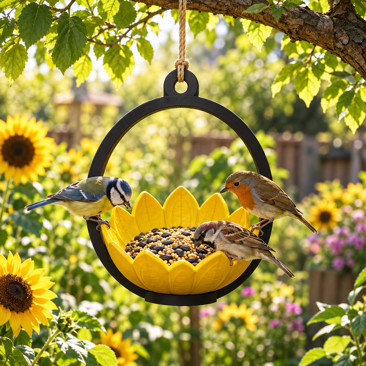 Yellow sunflower-shaped seed bowl suspended inside a dark circular hanging frame