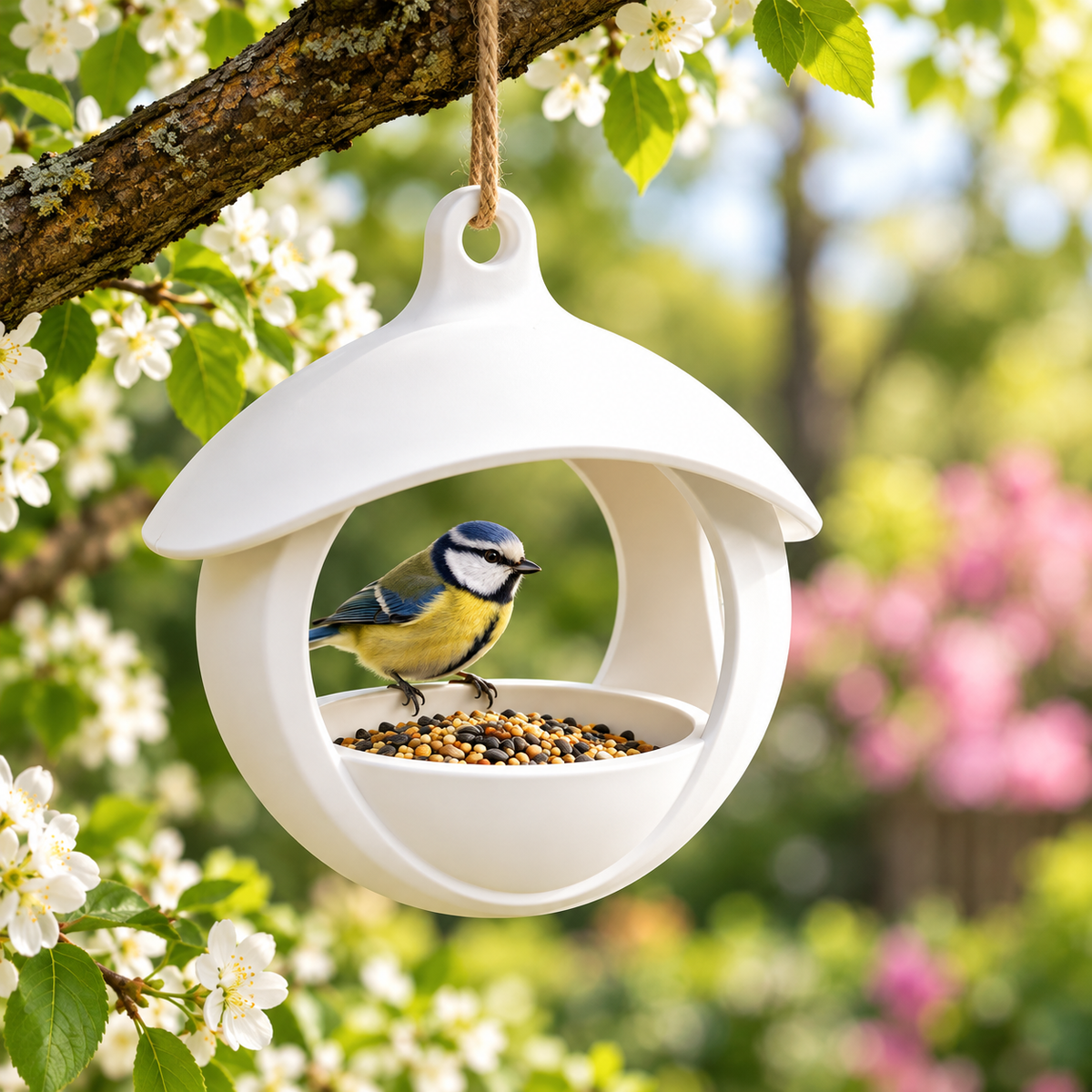 White spherical hanging bird feeder with curved roof and open front seed bowl