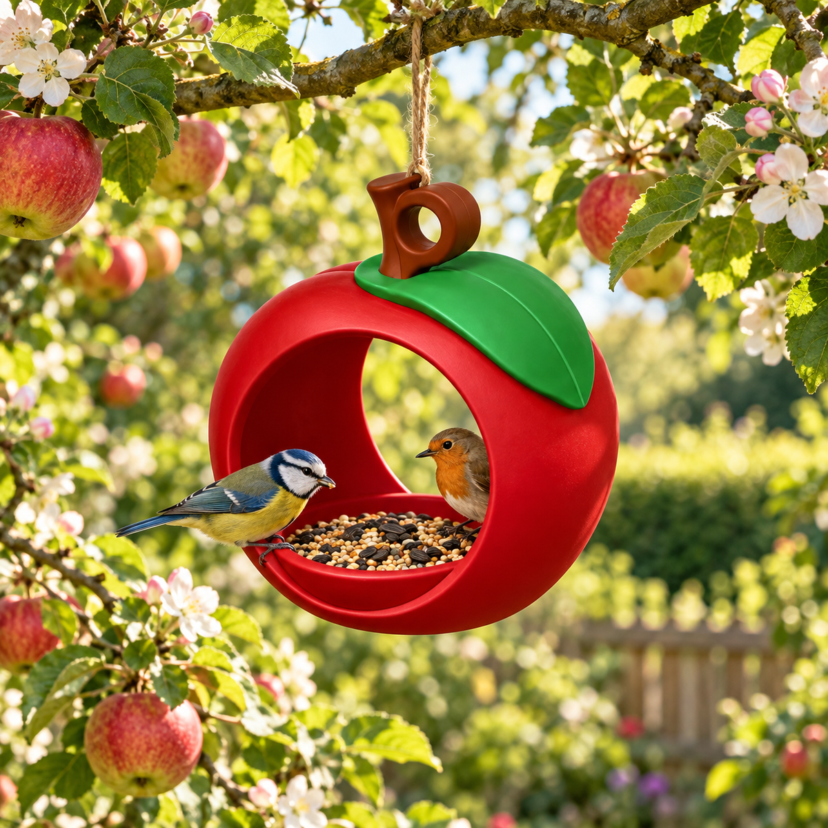 Red apple-shaped hanging bird feeder with green leaf, brown stem and open seed tray