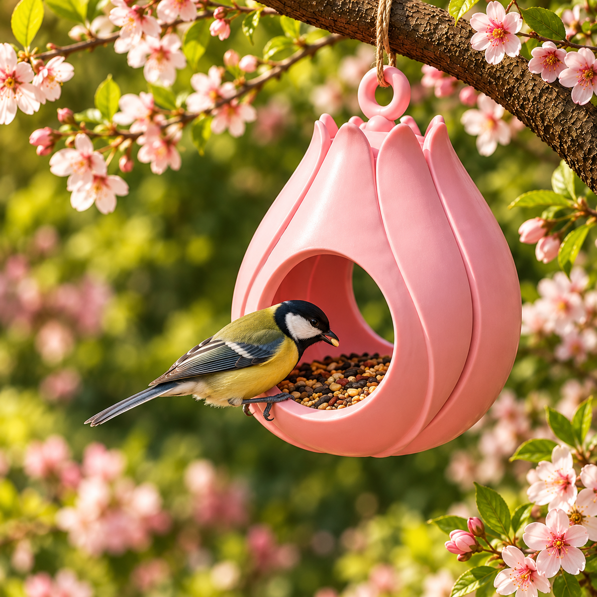 Pink flower-bud shaped hanging bird feeder with layered petals and round feeding opening