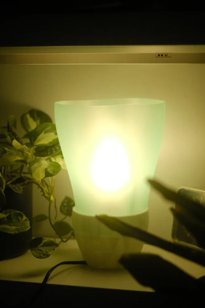 The Flowing E14 Lamp glowing warmly in a dark room beside a plant