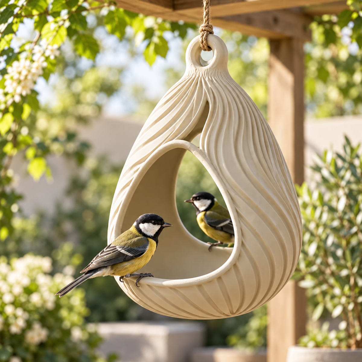 Cream ribbed teardrop-shaped hanging bird feeder with oval openings and top loop