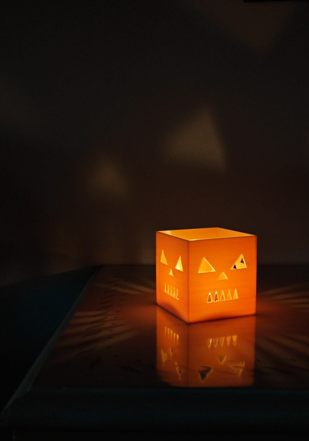 Orange cube pumpkin candle holder, product photo
