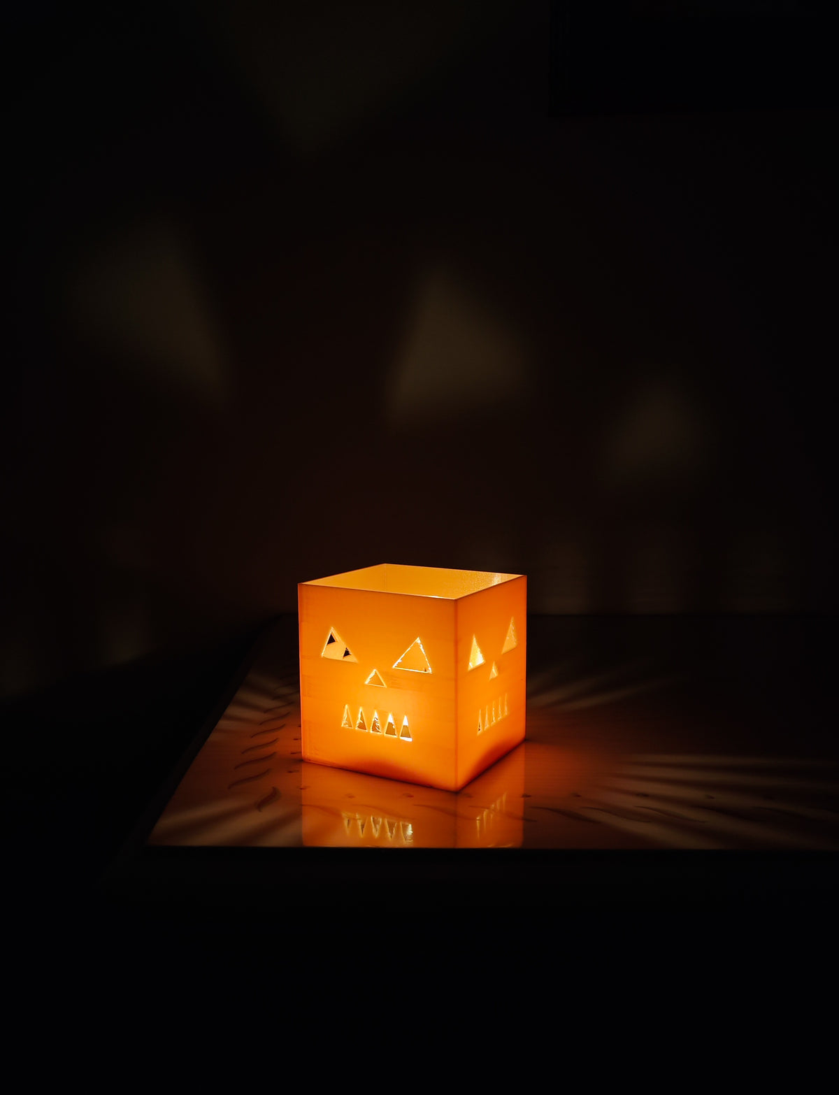 Orange cube pumpkin candle holder, product photo