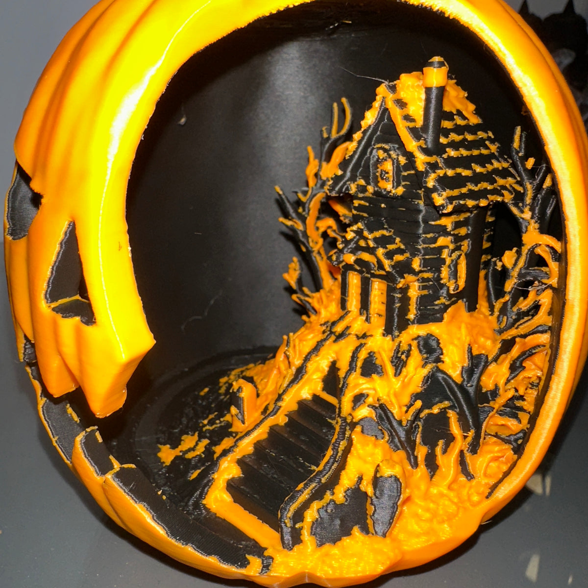 Close-up of the haunted house diorama interior of the Jack-o'-Lantern