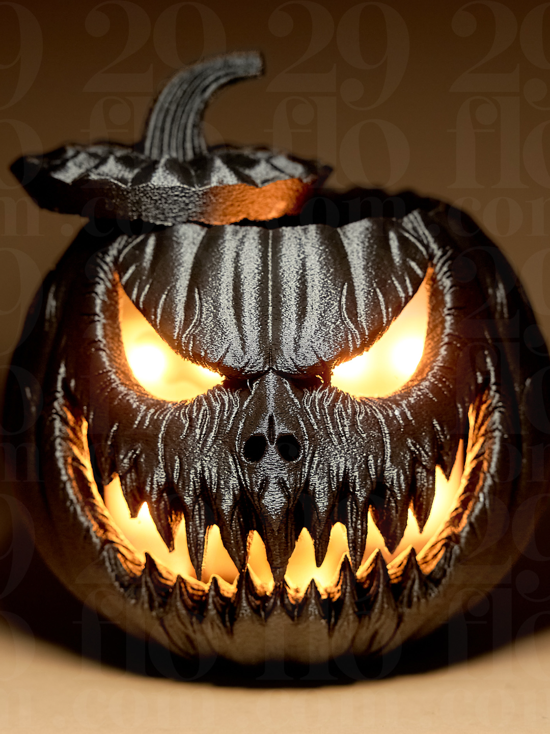 Halloween Scary Pumpkin glowing with LED light inside — front view with lid on