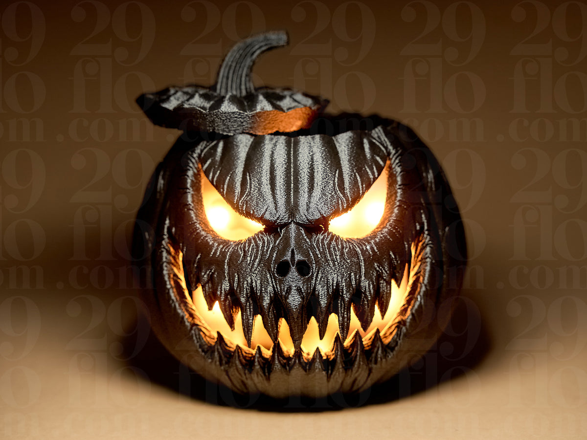 Halloween Scary Pumpkin glowing from inside — three-quarter angle showing removable lid