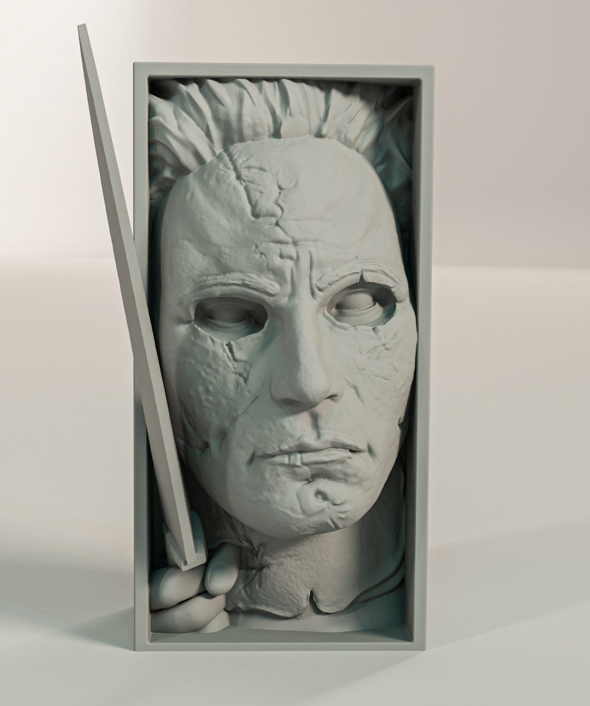 Jason Voorhees book nook relief sculpture grey matte rectangular framed box pale featureless cracked weathered mask hollow dark eye sockets deeply sculpted hair fanning behind hand clutching knife blade extending diagonally across frame front facing view neutral background hero product shot