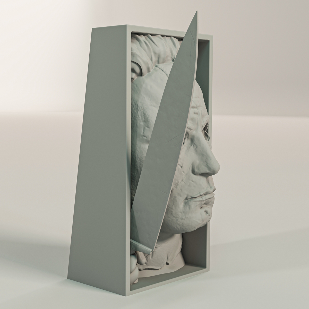 Jason Voorhees book nook relief sculpture grey matte rectangular framed box pale featureless cracked mask hollow eye sockets deeply sculpted hair hand clutching knife blade extending diagonally across frame three quarter side profile view neutral background showing full sculptural depth