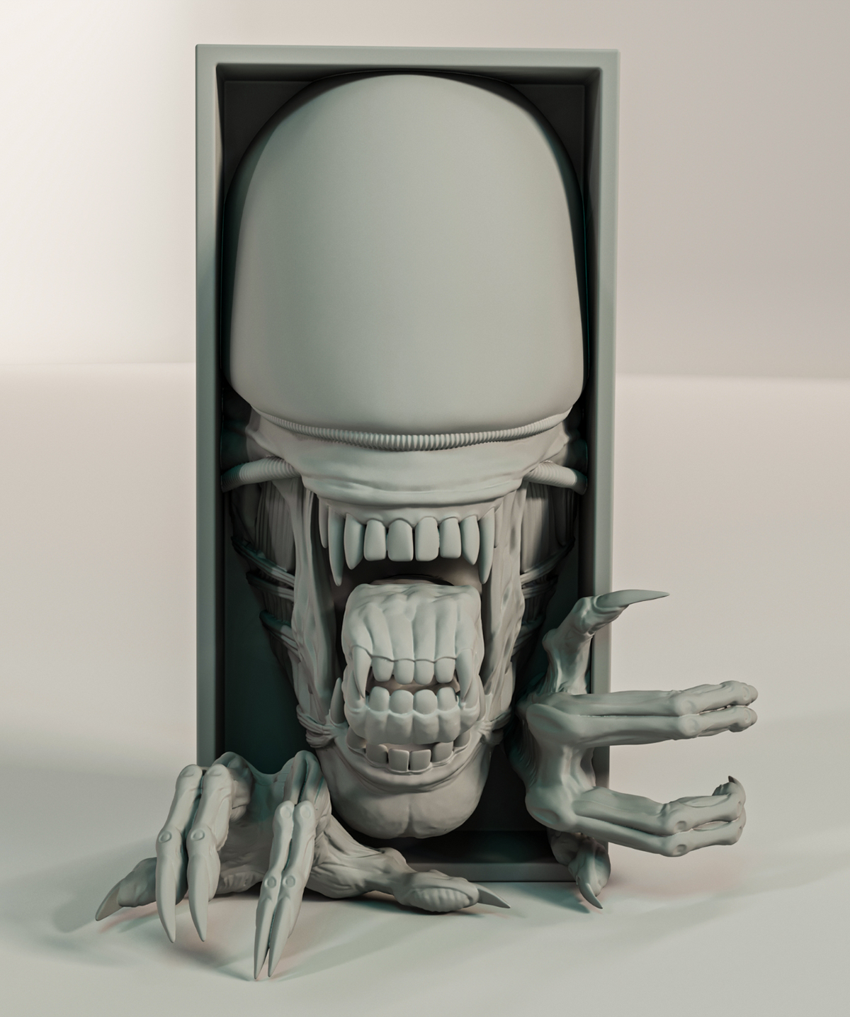 Alien Xenomorph book nook relief sculpture grey matte rectangular framed box smooth elongated dome cranium double jaw inner extending mouth rows of teeth deeply textured biomechanical neck both clawed hands reaching forward beyond frame edges front facing view neutral background hero product shot