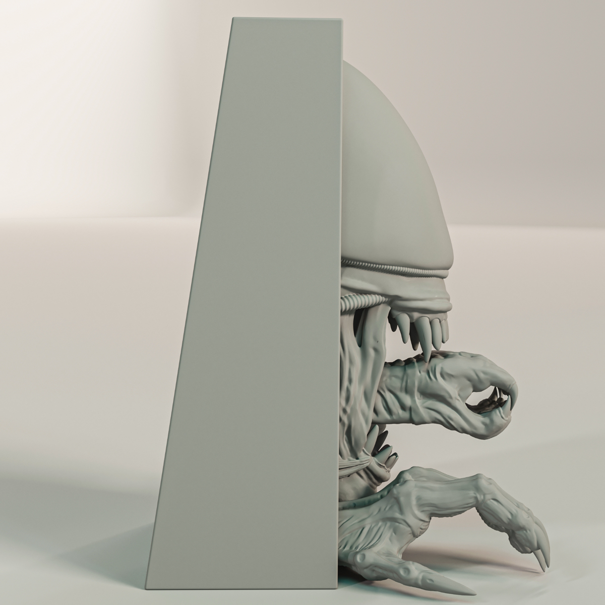 Alien Xenomorph book nook relief sculpture grey matte rectangular framed box smooth elongated dome cranium double jaw inner extending mouth deeply textured biomechanical neck clawed hands reaching beyond frame three quarter side profile view neutral background showing full sculptural depth cranium rising above frame