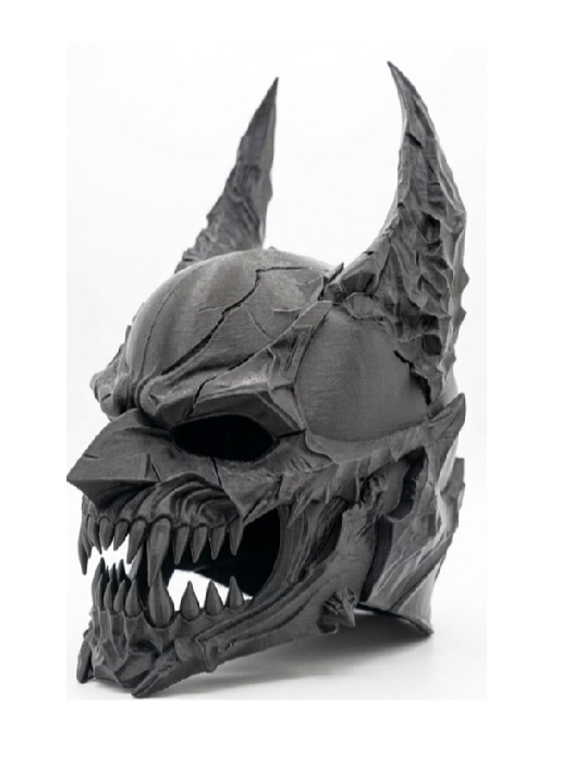 Demon Skull Helmet Sculpture in deep charcoal obsidian — three-quarter front view on white background showing twin swept-back horns, cracked armour plate cranial surface, angular brow ridges, hollow eye sockets and double fang row open jaw with jagged torn plate perimeter edges