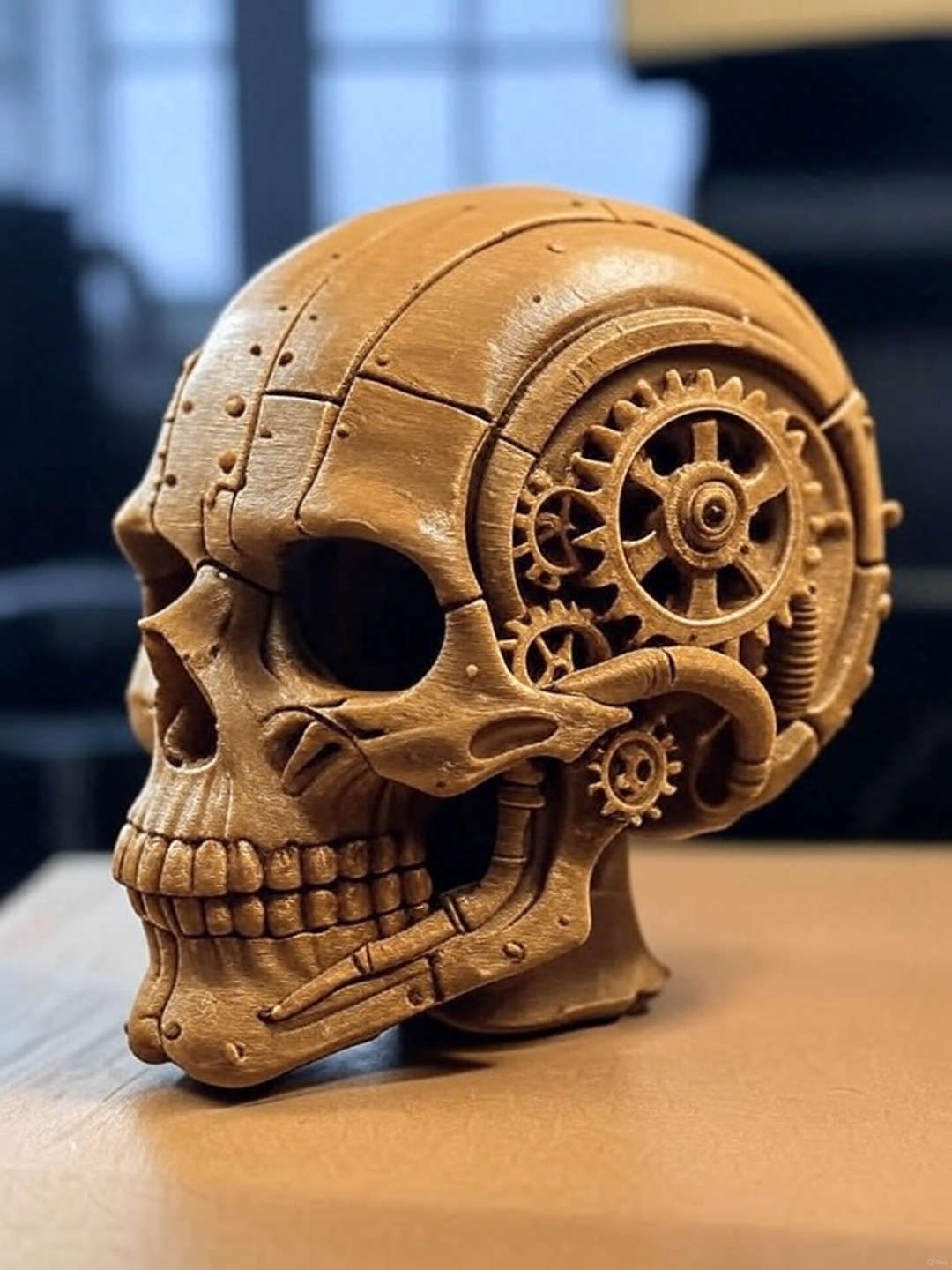 Steampunk Gear Skull Sculpture in warm brown — front three-quarter view showing full face, orbital cavities, teeth and exposed gear mechanism in temporal window on wooden surface