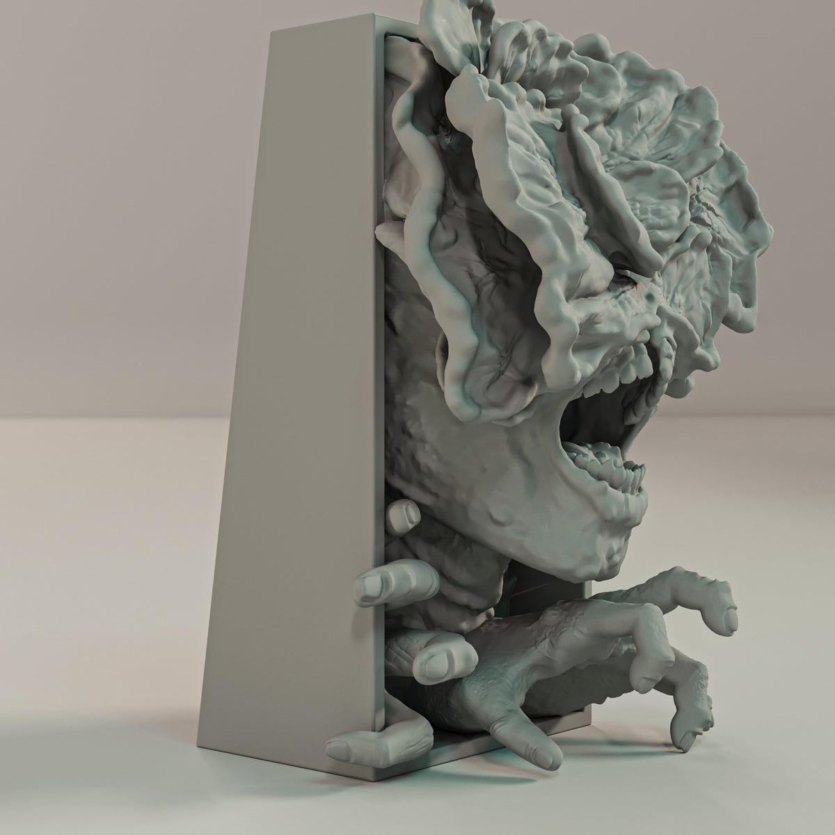 Stranger Things Demogorgon book nook relief sculpture grey matte rectangular framed box massive multi-petalled flower head fleshy lobes screaming mouth both hands reaching beyond frame three quarter side profile view neutral background showing full sculptural depth and flower head rising above frame