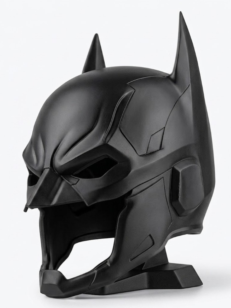 Batman cowl helmet replica sculpture black matte twin pointed bat ears angular faceted armoured visor diamond cut eye apertures deeply sculpted panel lines armour segmentation across crown and cheeks lower jaw guard faceted tactical detailing solid display base three quarter view neutral background hero product shot
