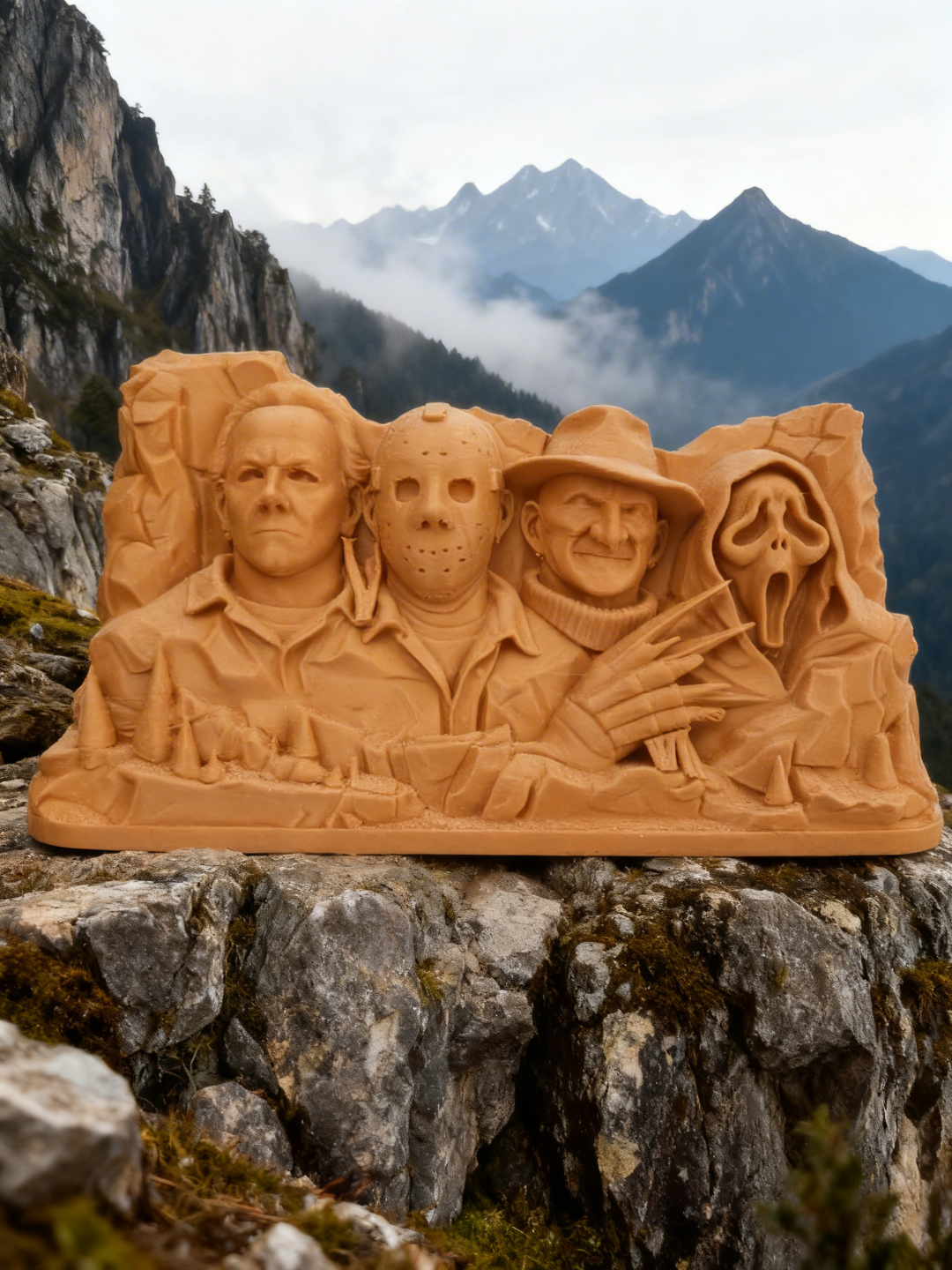 Mount Horrormore sculpture — dramatic angle shot placed on mountain rocks with misty alpine peaks in background