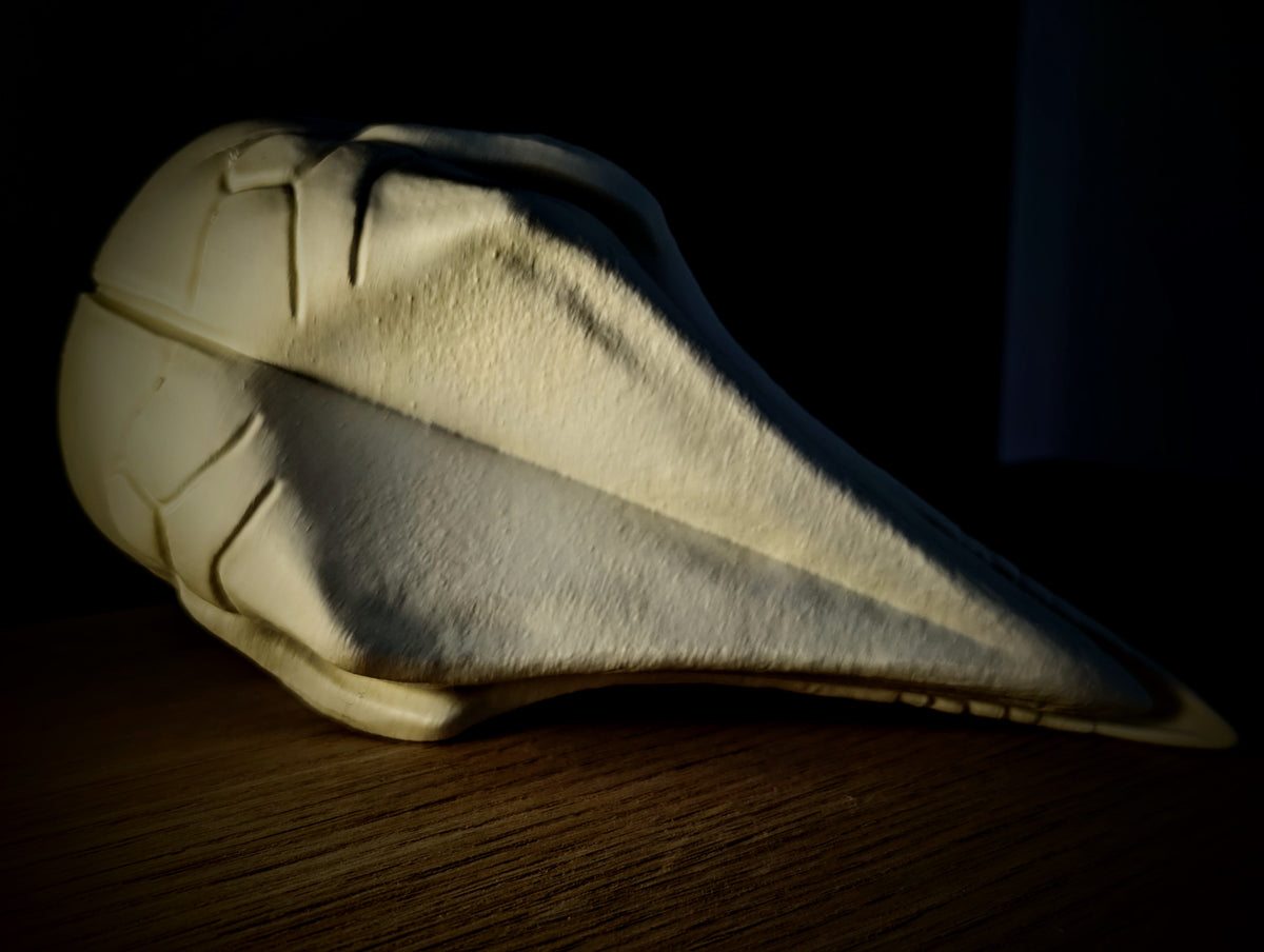 Anatomical Raven Skull Sculpture in grey-white two-tone — front three-quarter view showing brow boss, orbital cavity, fenestration openings and downward curved beak tip