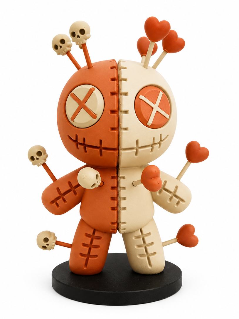 Voodoo Pin Cushion Doll Figure — Coffin & RIP edition front view showing two-tone terracotta and beige split body with coffin and RIP gravestone pin toppers on black circular display stand