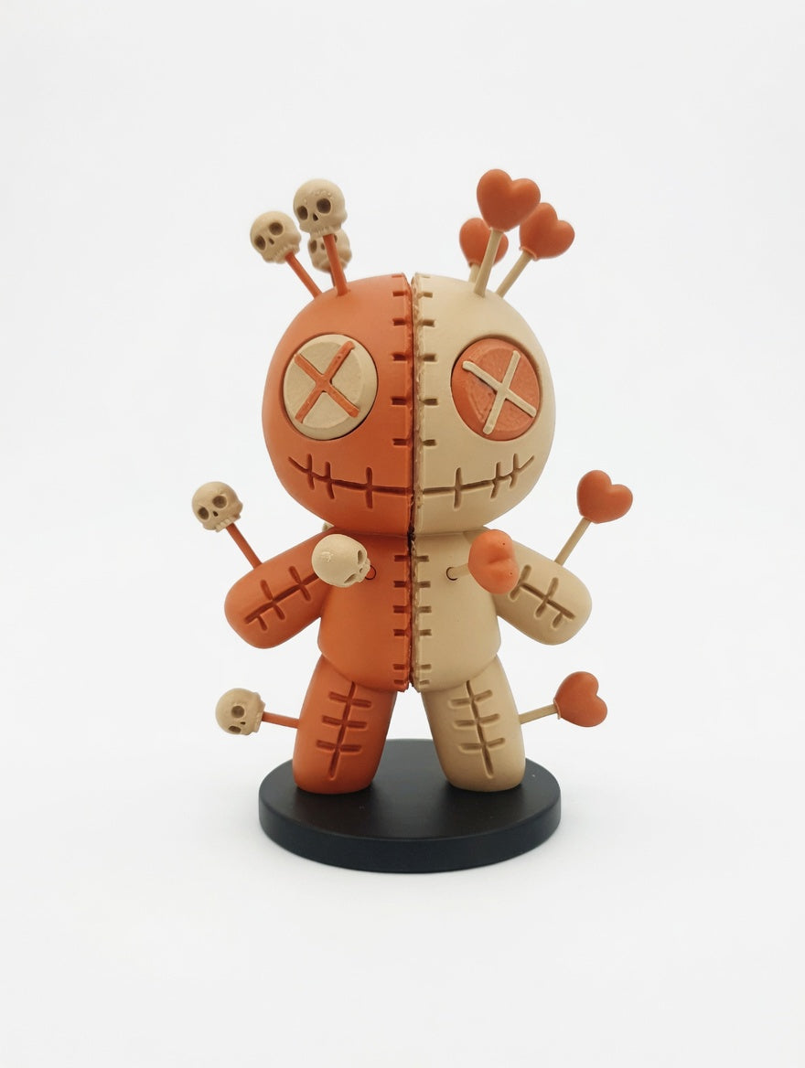 Voodoo Pin Cushion Doll Figure — Halloween edition front view showing ghost and jack-o-lantern pumpkin pin toppers in two-tone terracotta and beige on black circular stand