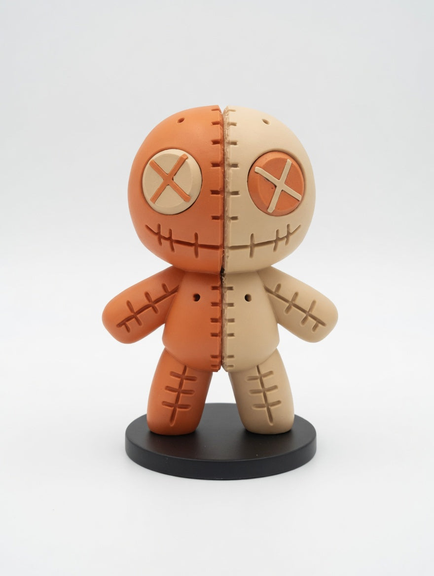 Voodoo Pin Cushion Doll Figure — Skull & Hearts edition three-quarter front view showing stitch detail, cross X eyes and two-tone colour split on black stand