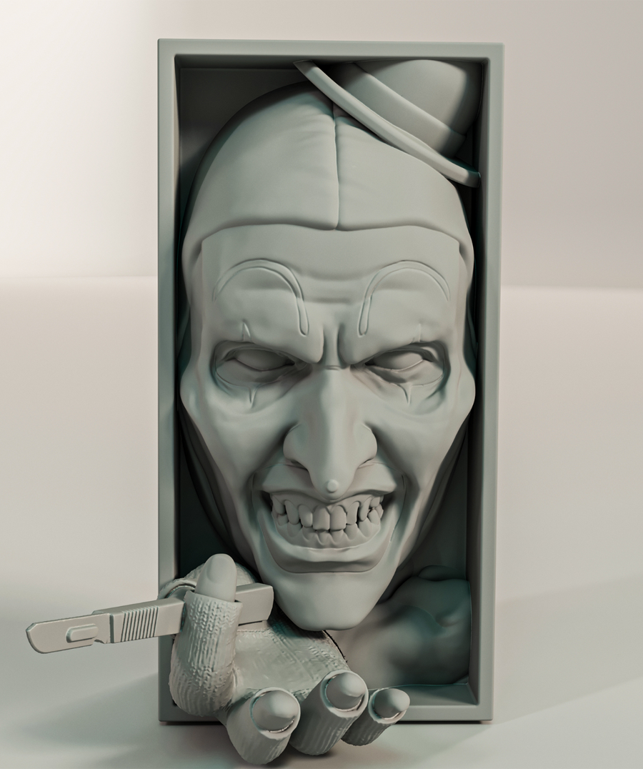 IT Book Nook — front view showing clown face and scalpel hand bursting through frame