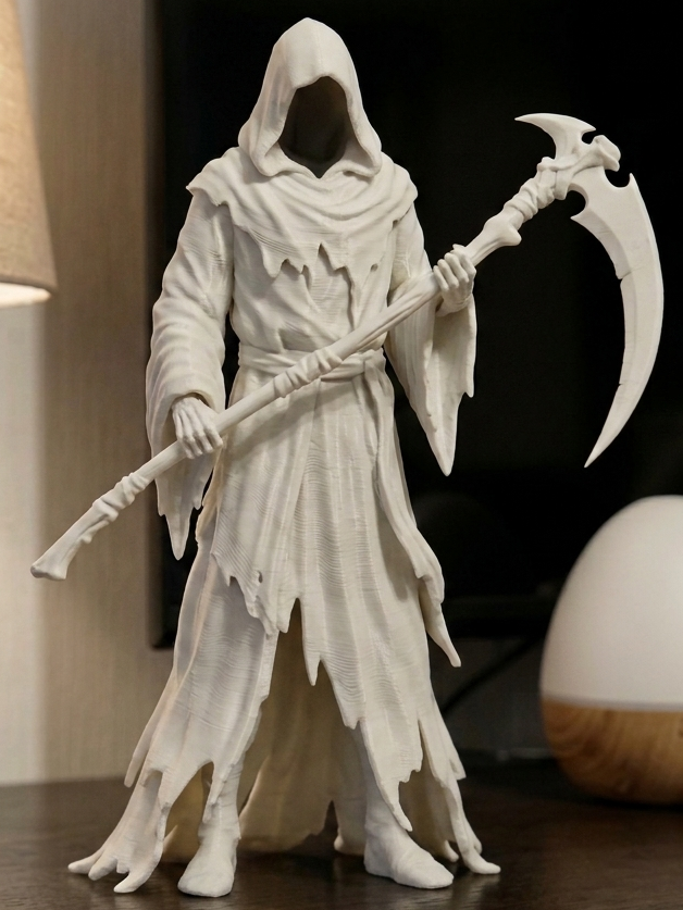 Grim Reaper Figure in white — front view showing hooded faceless reaper holding staff and double-bladed scythe with tattered robe detail