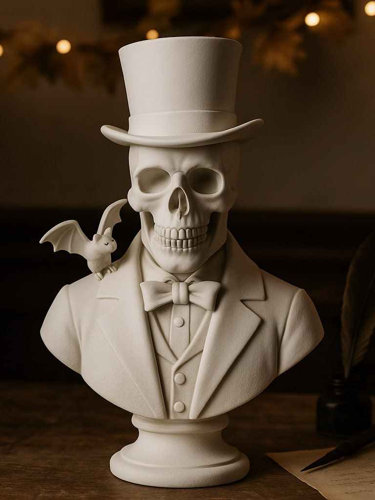 Gentleman Skull Bust Sculpture in clean white — front three-quarter view showing full anatomical skull in top hat with bow tie, frock coat lapels, waistcoat buttons and bat perched on left shoulder on classical pedestal base, warm bokeh fairy light background
