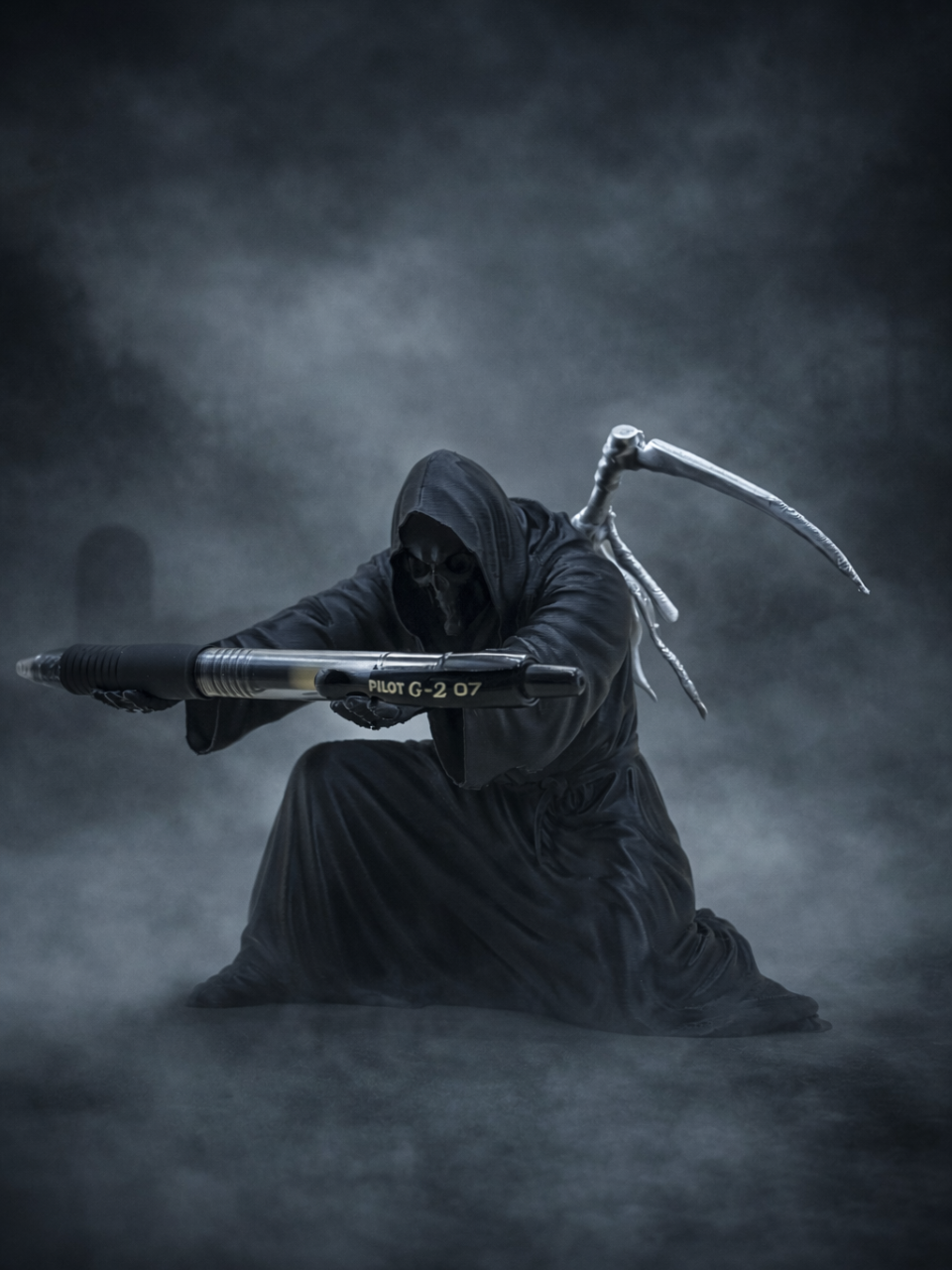 Grim Reaper Pen Holder — cinematic misty graveyard lifestyle shot