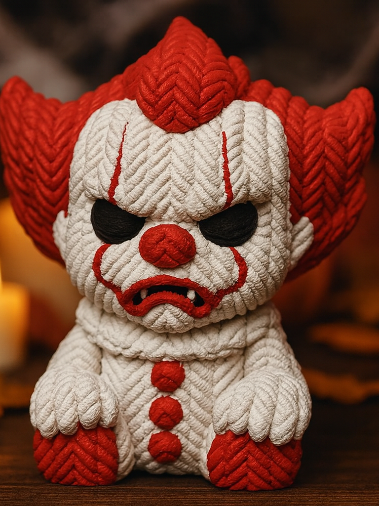 IT Pennywise Knitted Figure Sculpture — front view showing full chevron yarn weave texture across white body and red swept hair wings, void black eyes, red nose, fang mouth and three red chest buttons on dark wooden surface with candlelight background